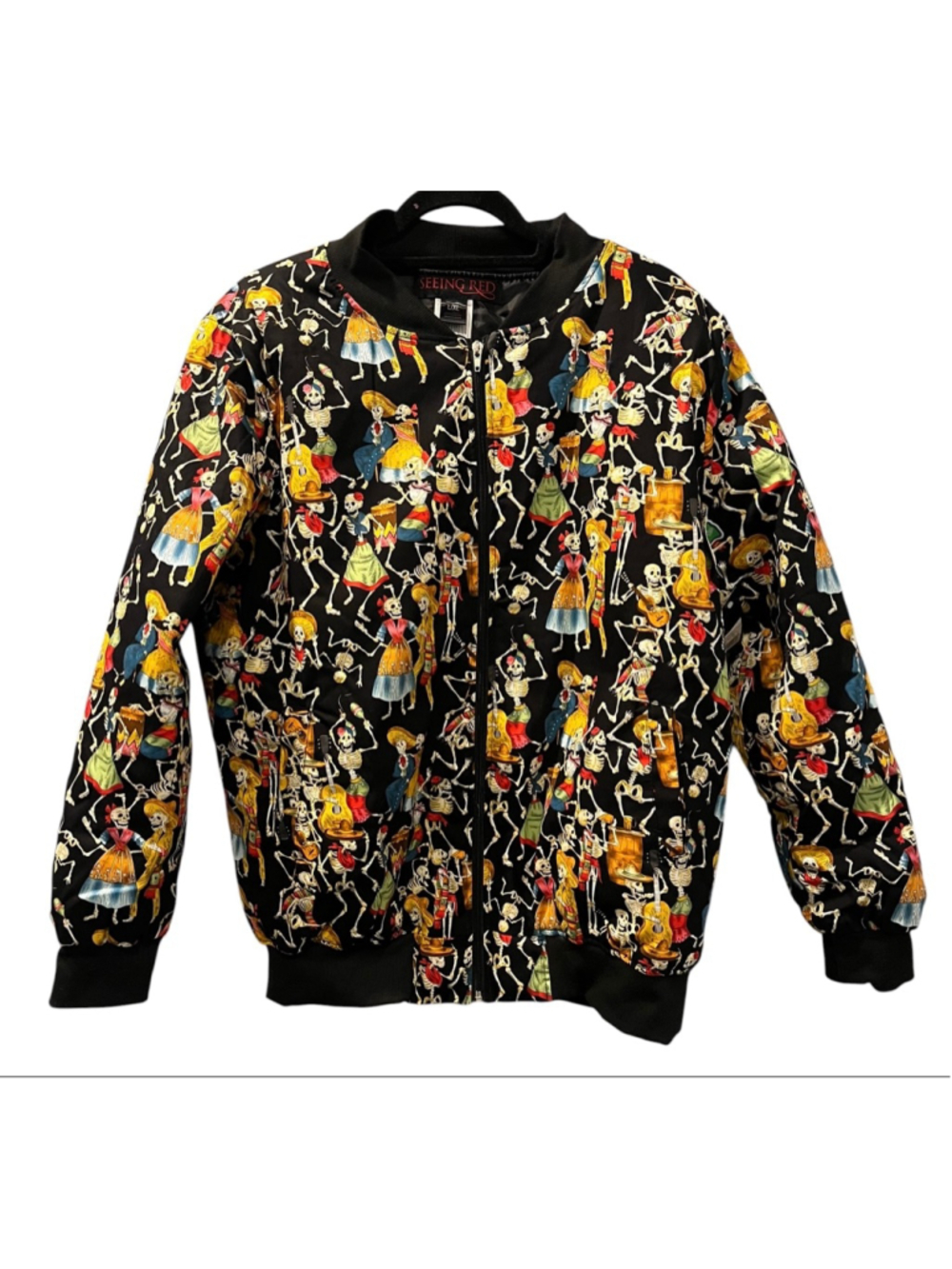 Seeing Red NWT Day Of The Dead Halloween Skeleton Dancing Bomber Jacket Sz L/XL